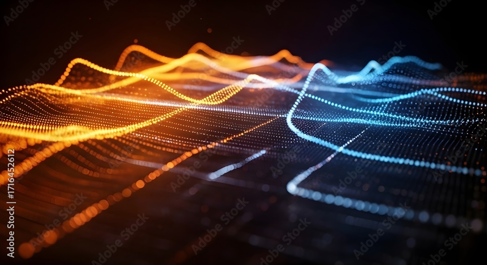 Poster abstract landscape of orange and blue digital waves. concept of big data analysis and network commun