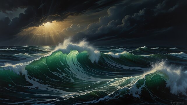 Dramatic ocean waves under a stormy sky with sunbeams breaking through dark clouds, a powerful and moody seascape.