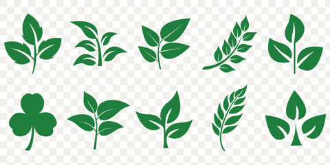 Leaf sprout icon vector set, green leaves plant eco logo symbol simple graphic illustration set, vegan fresh herb pictogram shape sign, organic natural healthy logotype image clip art. eps 10
