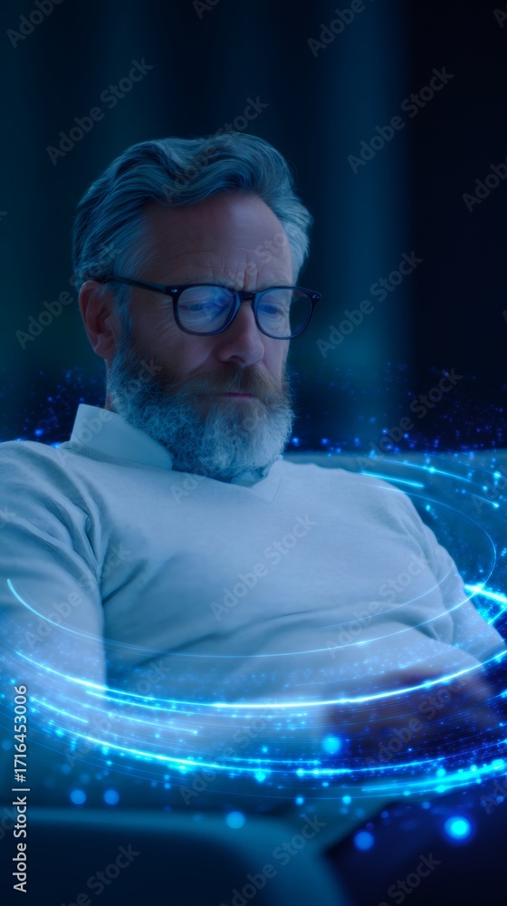 Poster senior man in glasses looking downward, surrounded by blue digital light particles. future technolog
