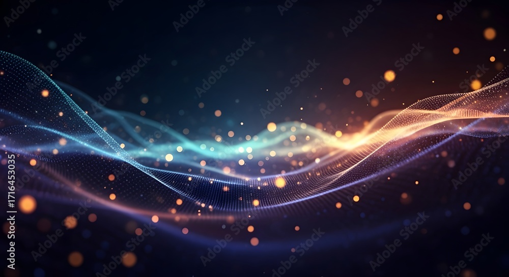 Fototapete flowing digital waves with glowing bokeh particles. abstract technology and big data background. lum