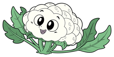 Smiling cartoon cauliflower character with big eyes and leaves, perfect for children's educational content