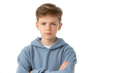 Portrait of an unhappy, angry boy, frowning caucasian child in casual clothes looking upset. Isolated on white background with frustrated and annoyed expression