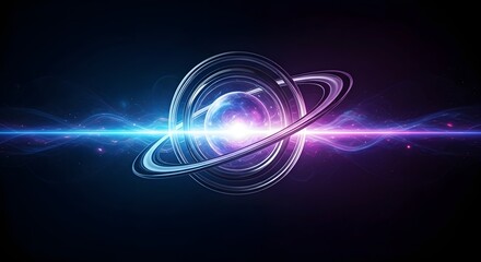 Obraz premium A luminous cosmic planet with futuristic rings. Sci-fi concept of space, astronomy, and advanced technology. A glowing celestial orb with a central energy flare and vibrant light waves.