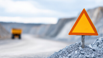 Yellow warning sign for safety on gravel pile at quarry construction site. An industrial road with heavy truck in background indicates potential danger