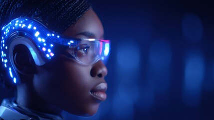 African american woman wearing futuristic smart glasses. Concept of virtual reality, augmented reality, and science fiction.