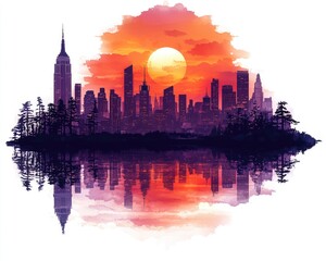 Obraz premium City skyline at sunset reflected in water