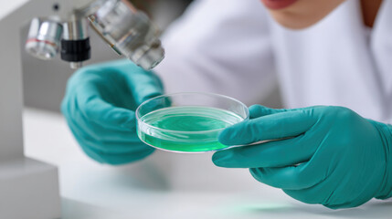 Focused scientist doing research in laboratory, using microscope to examine green culture in petri dish. Biology analysis and experiment in progress