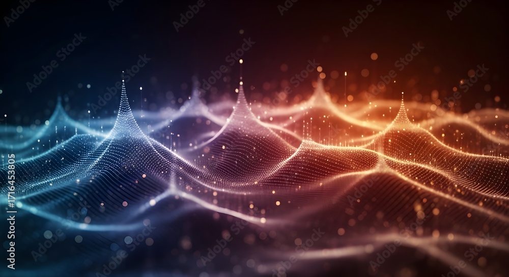 Poster abstract digital landscape of particle peaks. concept of data visualization and sound analysis. a fu