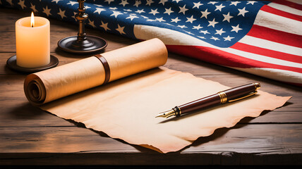 Patriotic USA festival composition with vintage scroll, ink pen, glowing candles and American flag in background, symbolizing tradition, history, freedom, and independence