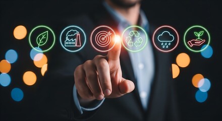 Businessman touching glowing icons representing sustainable environmental technology and green innovation