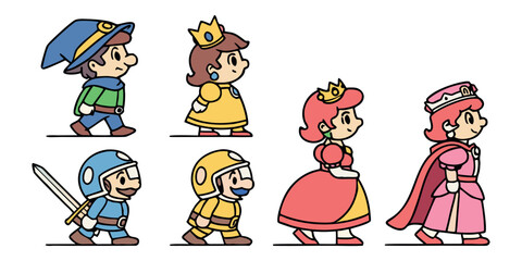 Dynamic cartoon characters walking in a row, ready for adventure, perfect for game design and playful themes
