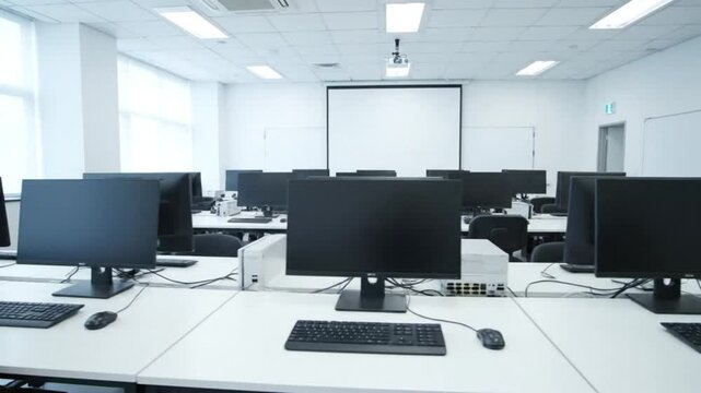 Bright modern and empty computer lab classroom with rows of workstations large projection screen and integrated technology setup for education and training