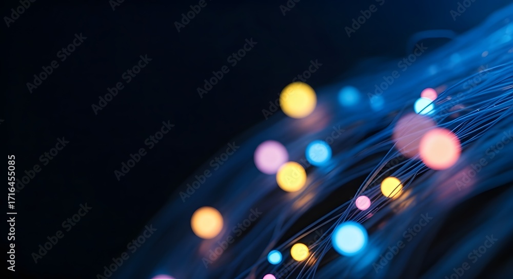 Poster a close-up of glowing fiber optic nodes. concept of network infrastructure and data connectivity. lu