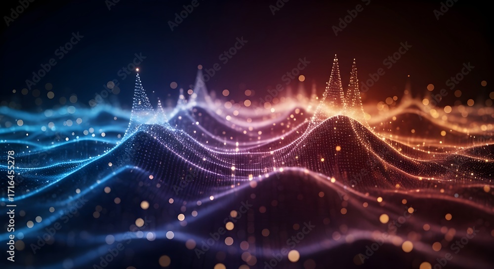 Poster a digital landscape of glowing particle waves. concept of data visualization, audio spectrum, and ne