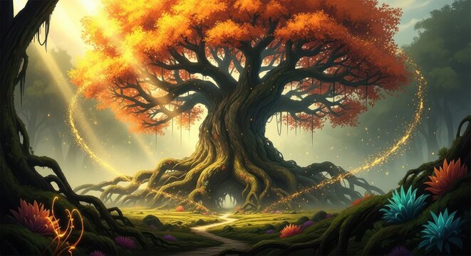 Enchanted forest ancient tree glowing with golden light and magic - Powered by Adobe