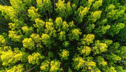 High-angle view of a dense forest.  Bright green trees form a regular pattern