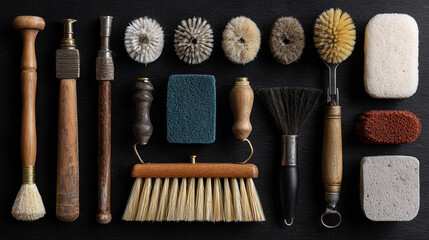 Collection of vintage cleaning brushes and sponges on dark background