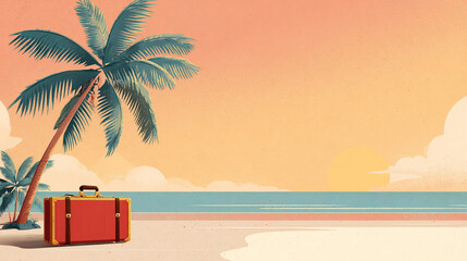 Obraz premium Vintage suitcase on a tropical beach sunset ocean palm trees summer vacation travel