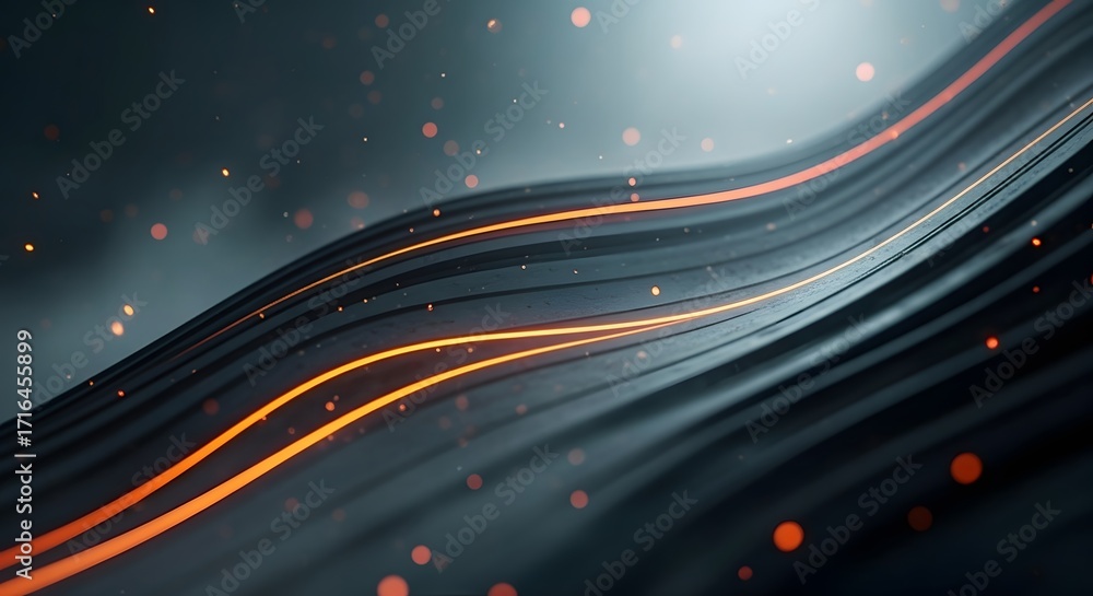 Poster dark wavy cables with glowing orange energy lines. concept of futuristic technology, data flow, and 