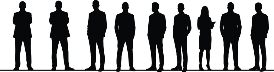 Business people silhouettes vector illustration, corporate men and women standing together in formal suits, teamwork, leadership, office staff, company success concept
