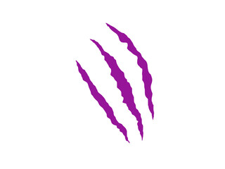 Purple claw scratch marks isolated on white background. Abstract ripped design symbolizing strength, wild animal, and fierce energy. Perfect for logo, tattoo, or graphic artwork.