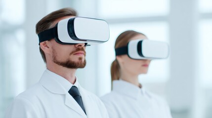 Man and woman doctor using virtual reality headset for medical education. Future innovation technology, programming concept.