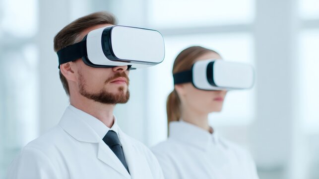 Man and woman doctor using virtual reality headset for medical education. Future innovation technology, programming concept.