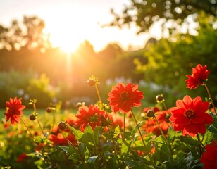Vibrant red flowers in a garden at sunset