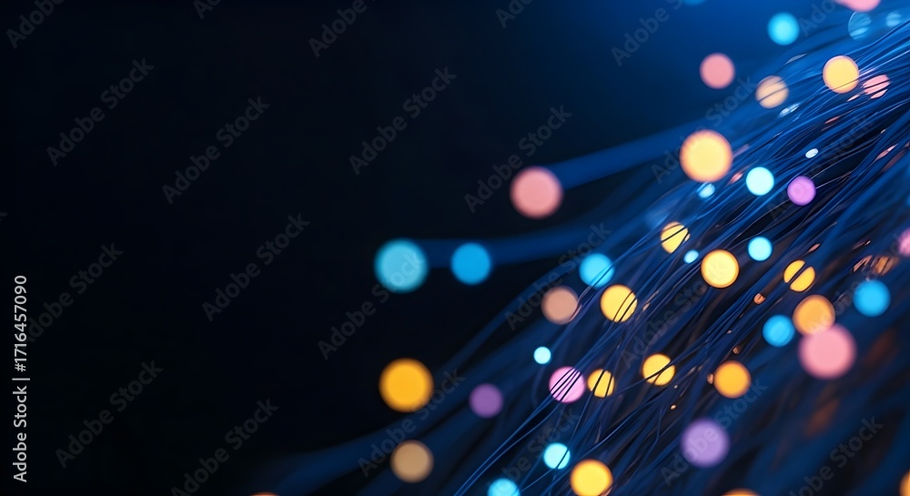 Poster a bundle of fiber optic cables with colorful glowing lights. concept of high-speed internet, data tr