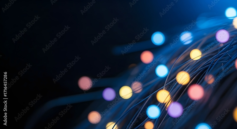 Poster a bundle of fiber optic cables with glowing lights. concept of high-speed internet, data transfer, a