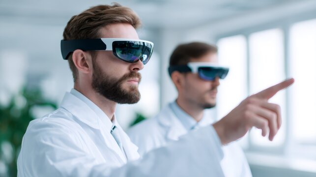 Two men in vr glasses working. Male scientists using augmented reality for research. Future medicine and advanced diagnostic technology.