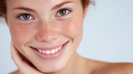Obraz premium Close up of a smiling caucasian woman with delicate freckles and healthy skin. Natural beauty and skincare concept for dermatology.
