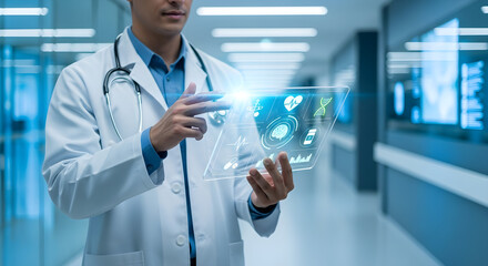 Doctor Holding a Transparent Digital Tablet with Medical Icons | Modern Medicine, Healthcare Technology, Innovation for Hospital Marketing Materials