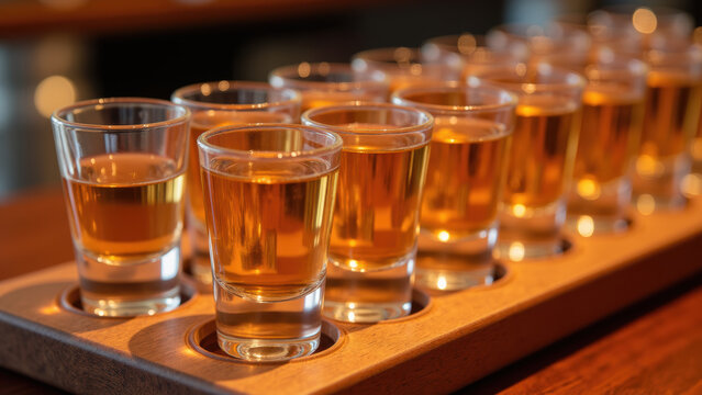 Wooden tray holds multiple shot glasses filled with golden liquid, creating warm and inviting atmosphere perfect for gatherings