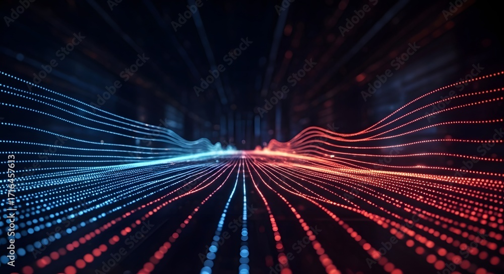 Poster a futuristic digital highway of red and blue data lines. concept of internet speed, fiber optics, an