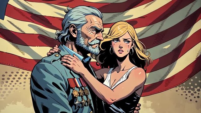 Oldschool comic style woman hugging decorated elderly veteran with medals against american flag background. Veterans Day tribute