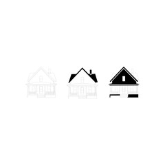 Simple, black and white silhouettes of a classic American house design, showing three variations (black, grayscale, and white outline).