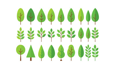 Stylized Tree and  Leaf Icons Set  Minimal Flat Green Vector illustration, easily editable and scalable.