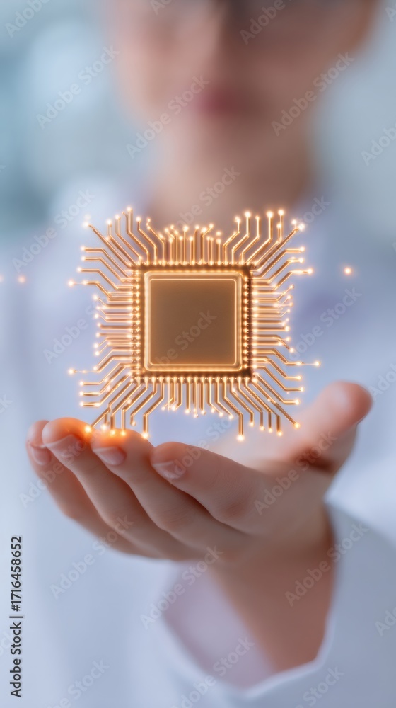Aufkleber woman's hand holding a glowing microchip. artificial intelligence, cpu, and technological innovation