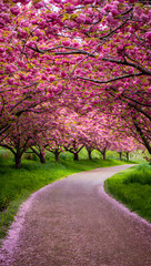 Naklejka premium Serene cherry blossom pathway blossoms abloom lush greenery springtime nature scenic beauty