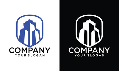 Creative Shield and building logos. Safety worker icon for construction services.
