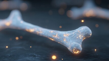 Bone with glowing cells. Medical research and regeneration concept. Futuristic bioengineering and genetic engineering technology for health.