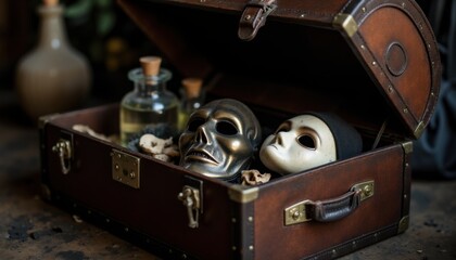 Vintage Wooden Chest with Masks and Bottles for Mysterious Vibes