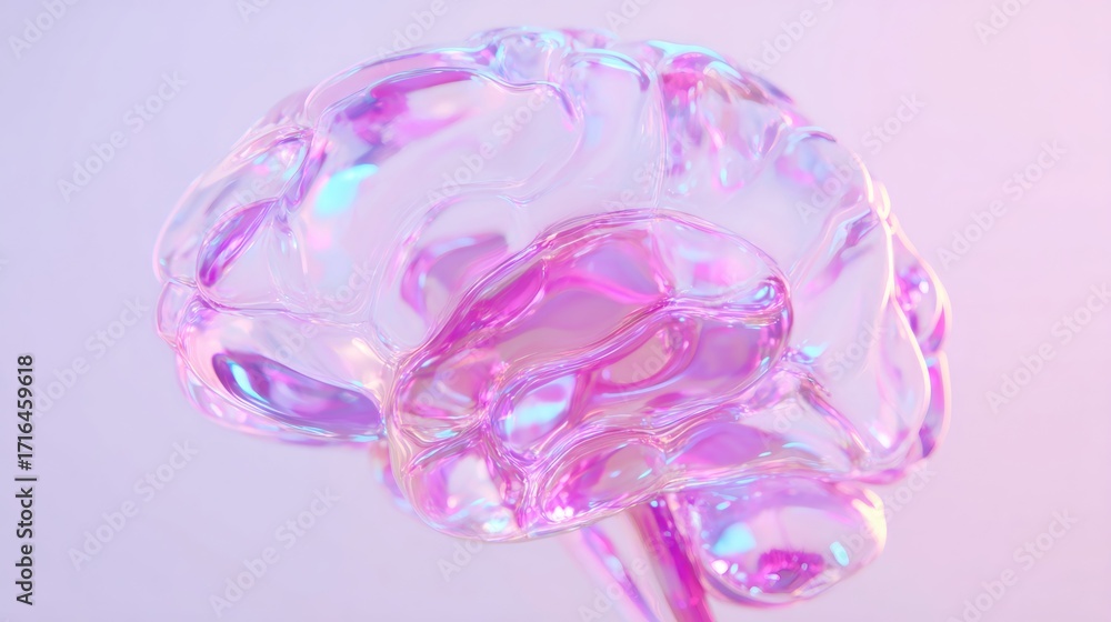 Poster artificial intelligence brain made of translucent gradient glass, shining with colorful neon light. 