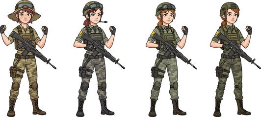 Cartoon female soldiers in military uniform, women army characters with rifles, combat gear illustration, armed forces, tactical fighter vector design