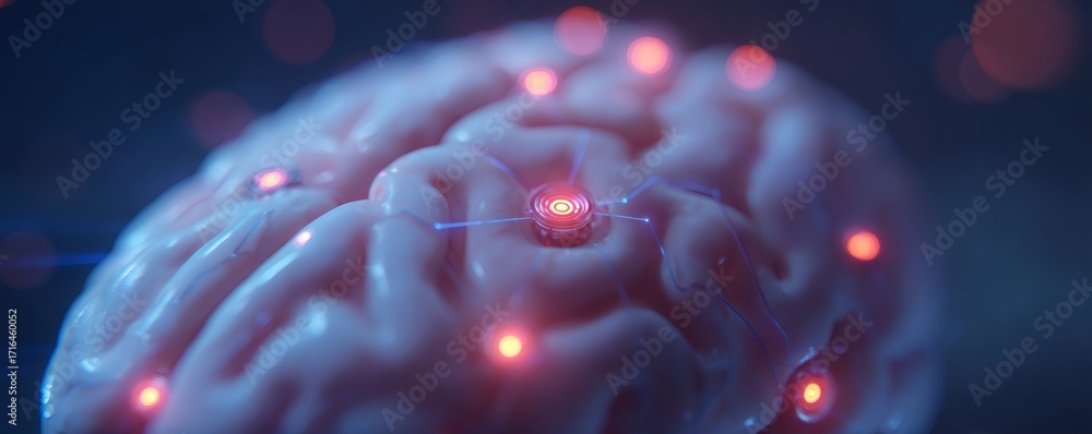 Poster human brain with glowing connections. artificial intelligence, neural network and machine learning c