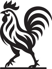 Stylized black and white rooster walking bird, Chicken silhouette farm animal design