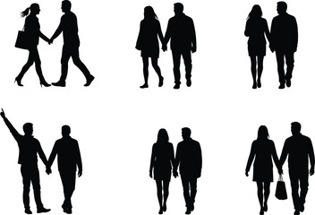Silhouette couples walking together, holding hands, vector illustration collection, romantic people concept, man woman black shadow design, love relationship set