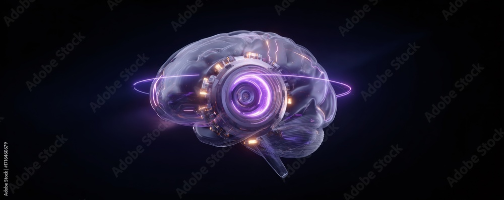 Poster futuristic transparent brain with glowing purple circuit. artificial intelligence cyber brain. moder